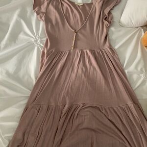 Pink Tiered Midi Sundress with Flutter Cap Sleeves